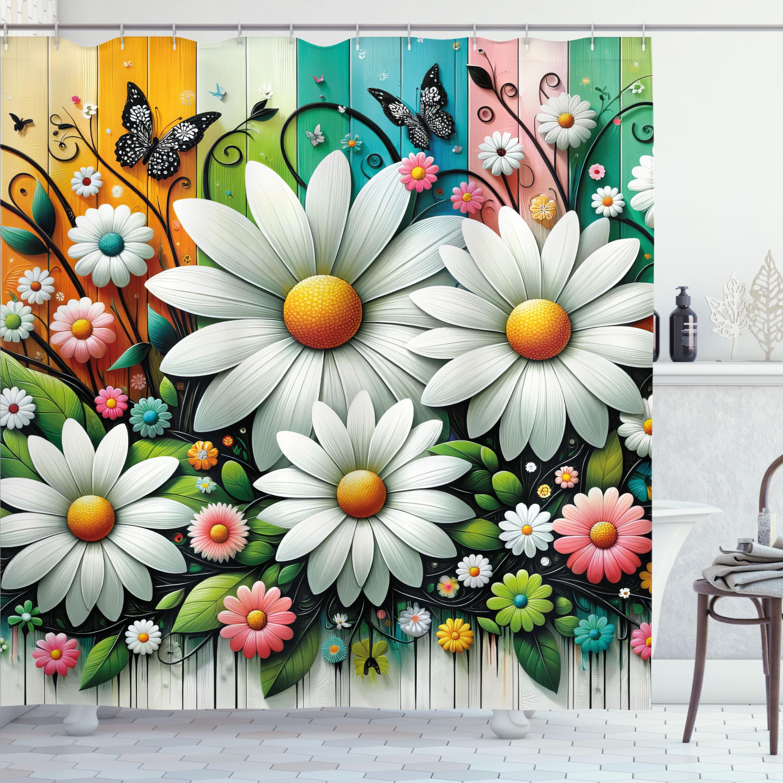 Ambesonne Spring Shower Curtain, Modern Botany Art Of Daisy With Greenery Leaves Butterfly On Colorful Back, Cloth Fabric Bathro